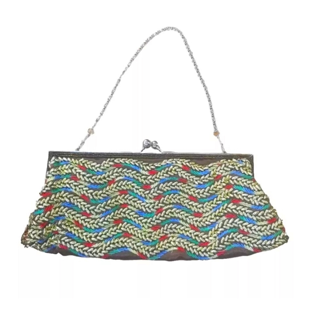 Cocktail Party Clutch Purse Beaded Rainbow Embroidered Silver Chain Strap Vtg